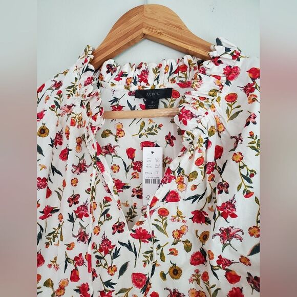 J.Crew NWT Scalloped tie-neck top elastic sleeve in print vint.floral size Small - Picture 9 of 10